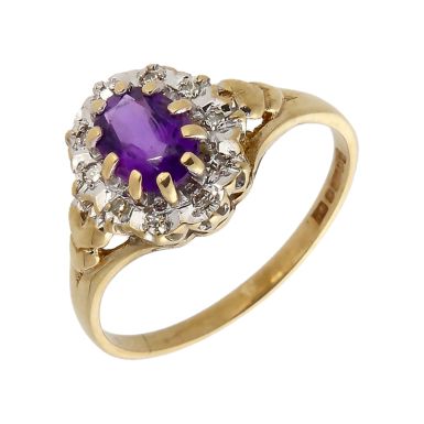 Pre-Owned Vintage 1986 9ct Gold Amethyst & Diamond Cluster Ring