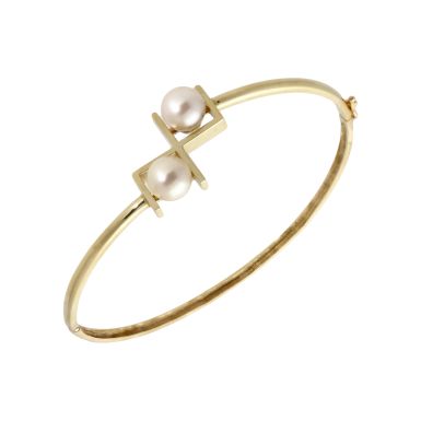 Pre-Owned 9ct Yellow Gold Double Pearl Hinged Bangle