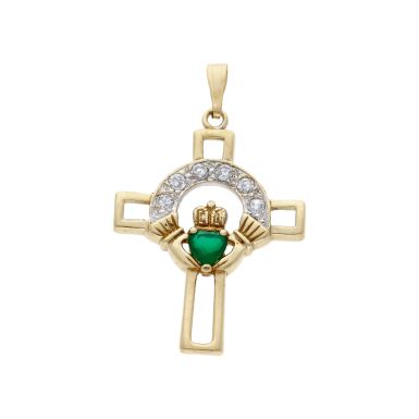 Pre-Owned 9ct Yellow Gold Gemstone Set Claddagh Cross Pendant