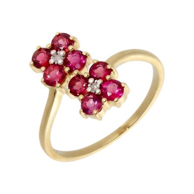 Pre-Owned 9ct Gold Pink Tourmaline & Diamond Flowers Dress Ring