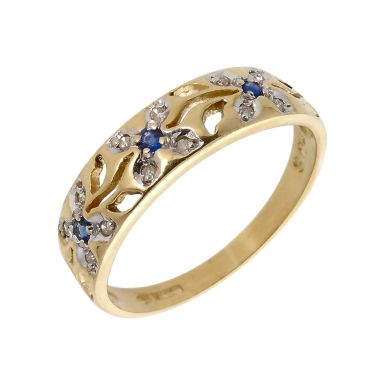Pre-Owned 9ct Gold Sapphire & Diamond Set Flowers Dress Ring