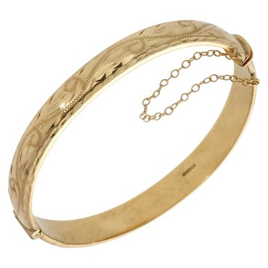 Pre-Owned 9ct Yellow Gold Half Patterned Hinged Hollow Bangle
