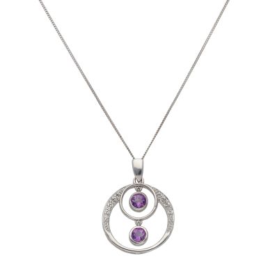 Pre-Owned 9ct White Gold Amethyst & Diamond Circles Necklace