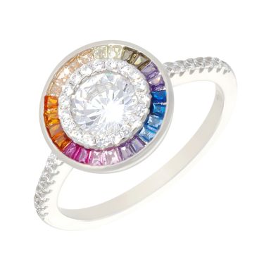 New Sterling Silver Rainbow Cubic Zirconia Dress Ring