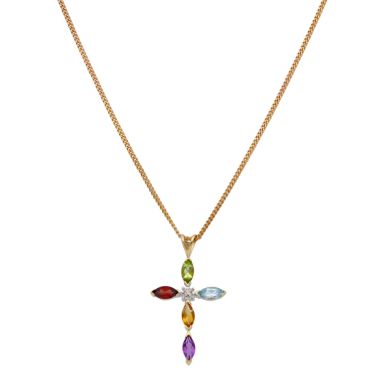 Pre-Owned 9ct Gold Multi Gemstone Set Cross Pendant Necklace