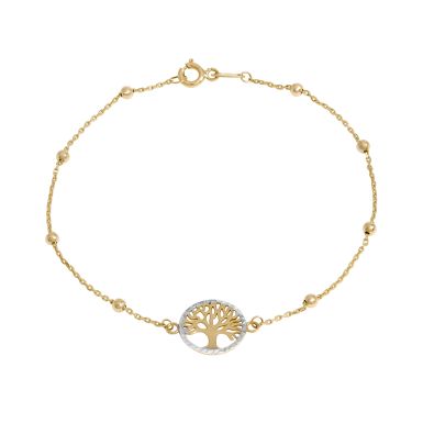 New 9ct Yellow & White Gold Tree Of Life Beaded Chain Bracelet