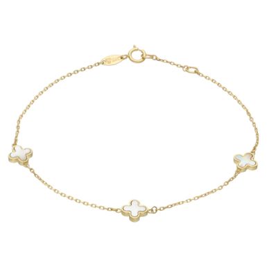 New 9ct Yellow Gold Mother Of Pearl Clover Petal 7.5" Bracelet
