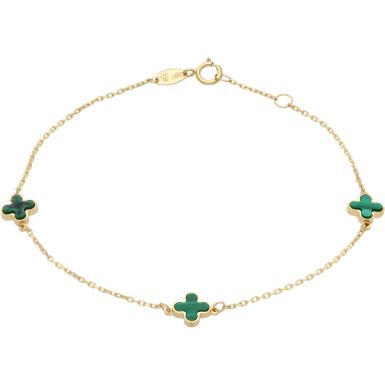New 9ct Yellow Gold 3 Malachite Clover Petal 7.5" Bracelet