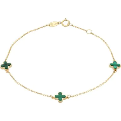 New 9ct Yellow Gold 3 Malachite Clover Petal 7.5" Bracelet