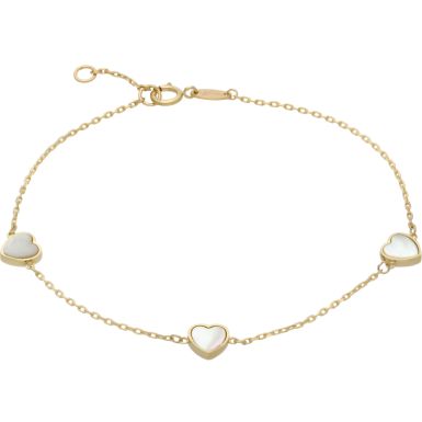 New 9ct Yellow Gold 7.5" Mother Of Pearl Triple Heart Bracelet
