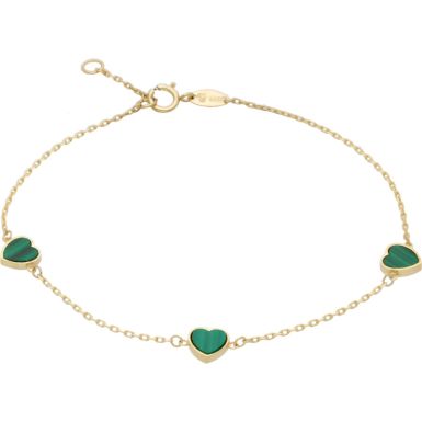 New 9ct Yellow Gold 3 Malachite Heart 7.5" Bracelet
