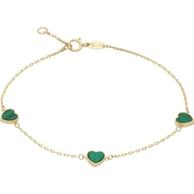 New 9ct Yellow Gold 3 Malachite Heart 7.5" Bracelet