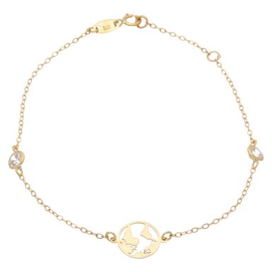 New 9ct Yellow Gold 7" Cubic Zirconia Set World Map Bracelet