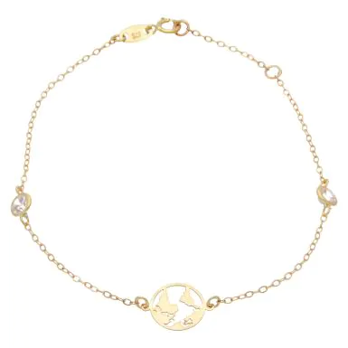 New 9ct Yellow Gold 7" Cubic Zirconia Set World Map Bracelet