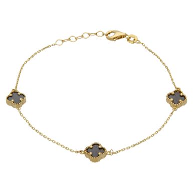 New 9ct Yellow Gold 7.5" Onyx 3 Clover Petal Bracelet
