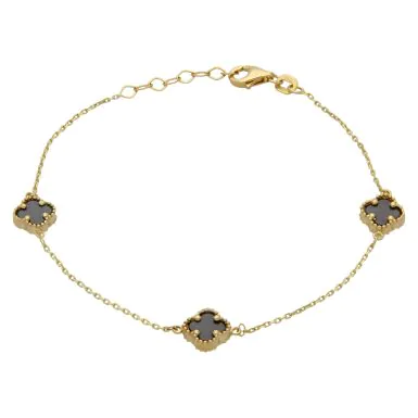 New 9ct Yellow Gold 7.5" Onyx 3 Clover Petal Bracelet