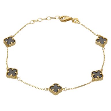 New 9ct Yellow Gold 7.5" Onyx 5 Clover Petal Bracelet