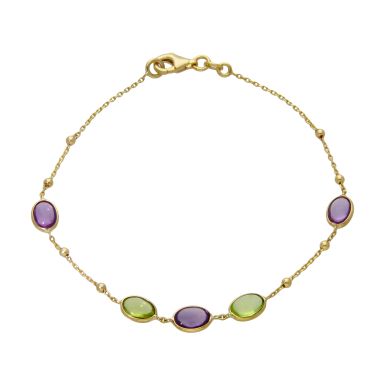 New 9ct Yellow Gold 7.5" Amethyst & Peridot Set Beaded Bracelet