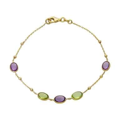New 9ct Yellow Gold 7.5" Amethyst & Peridot Set Beaded Bracelet