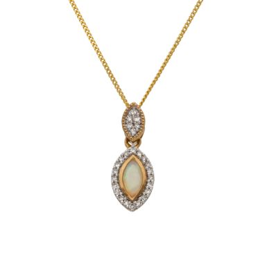 New 9ct Gold Opal & Diamond Marquise Pendant & 18" Necklace