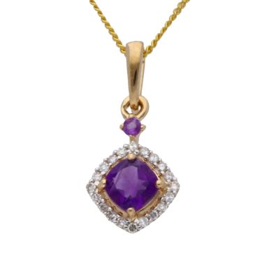 New 9ct Yellow Gold Amethyst & Diamond Pendant & 18" Necklace