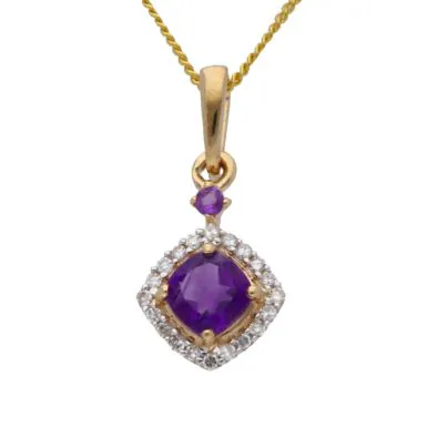 New 9ct Yellow Gold Amethyst & Diamond Pendant & 18" Necklace