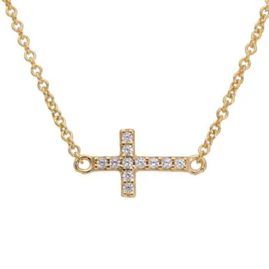 New 9ct Gold Cubic Zirconia Sideways Resurrection Cross Necklace
