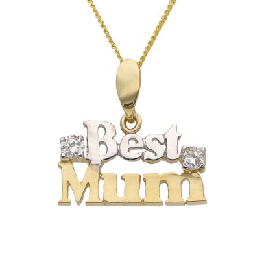 New 9ct 2 Colour Gold Stone Set Best Mum Pendant & Necklace