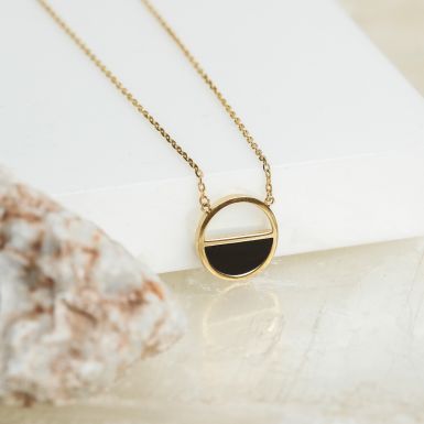 New 9ct Yellow Gold Onyx Half Circle 16-17" Adjustable Necklace