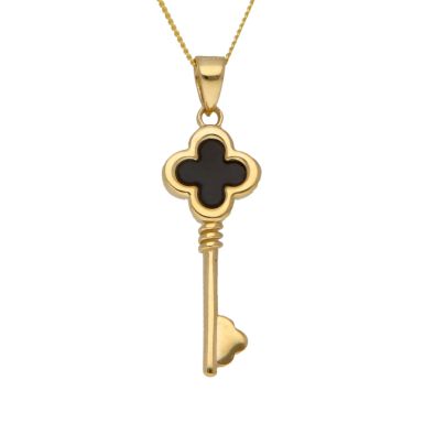 New 9ct Yellow Gold Black Onyz Clover Key & 18" Chain Neclace