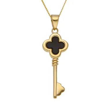 New 9ct Yellow Gold Black Onyz Clover Key & 18" Chain Neclace