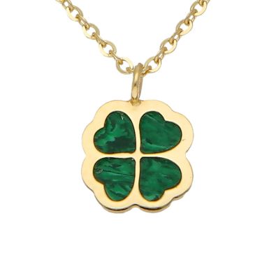 New 9ct Yellow Gold Malachite Clover Petal Pendant & Necklace