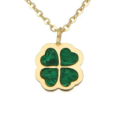 New 9ct Yellow Gold Malachite Clover Petal Pendant & Necklace