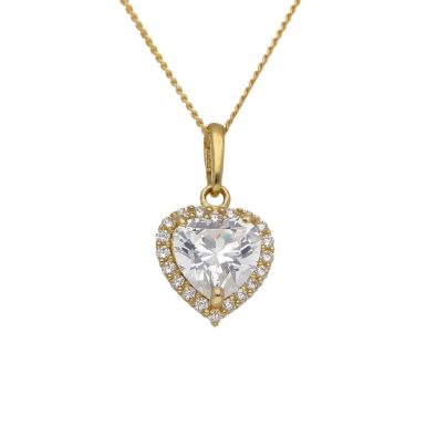 New 9ct Gold Cubic Zirconia Heart Halo Pendant & 18" Necklace