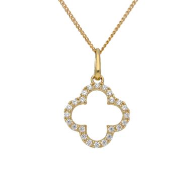 New 9ct Gold Cubic Zirconia Clover Petal Pendant & 18" Necklace