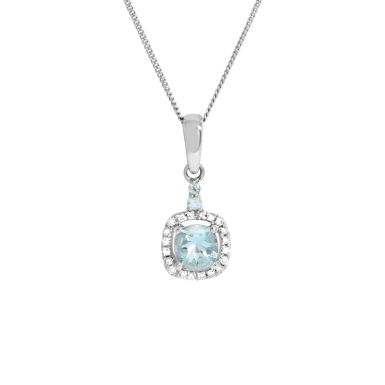 New 9ct White Gold Aquamarine & Diamond Halo & 18" Necklace