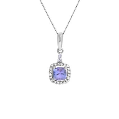 New 9ct White Gold Tanzanite & Diamond Halo & 18" Necklace