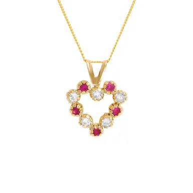 New 9ct Gold Red & White Cubic Zirconia Heart & 18" Necklace