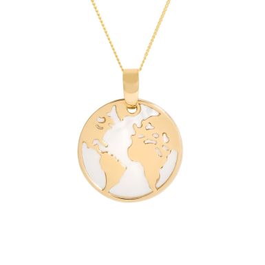 New 9ct Gold Mother Of Pearl World Map Pendant & 18" Necklace