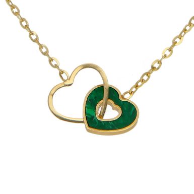 New 9ct Yellow Gold 16" Malachite Entwined Hearts Necklace