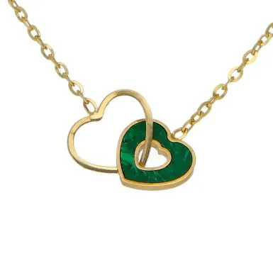 New 9ct Yellow Gold 16" Malachite Entwined Hearts Necklace