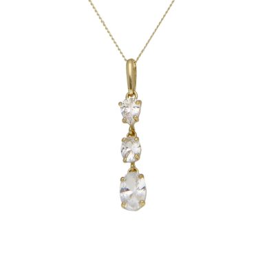 New 9ct Yellow Gold Cubic Zirconia Trilogy Drop Pendant Necklace