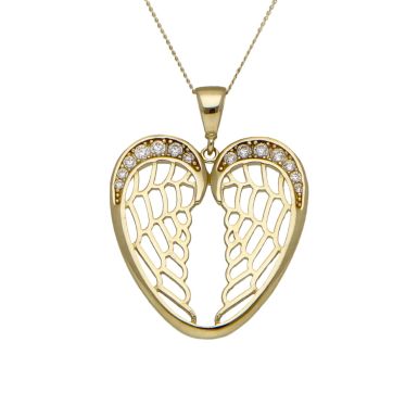 New 9ct Yellow Gold Cubic Zirconia Angel Wings Pendant Necklace
