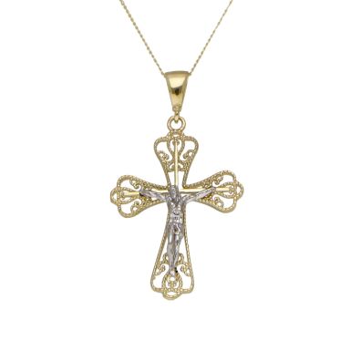 New 9ct Yellow & White Gold Filigree Crucifix Pendant Necklace