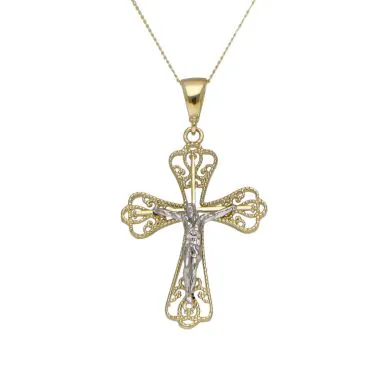 New 9ct Yellow & White Gold Filigree Crucifix Pendant Necklace
