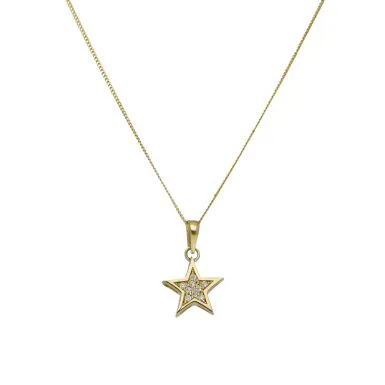 New 9ct Yellow Gold Cubic Zirconia Star Pendant & 18" Necklace