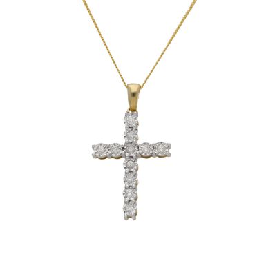 New 9ct Yellow Gold Illusion Set Diamond Cross & 18" Necklace