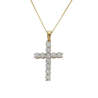 New 9ct Yellow Gold Illusion Set Diamond Cross & 18" Necklace