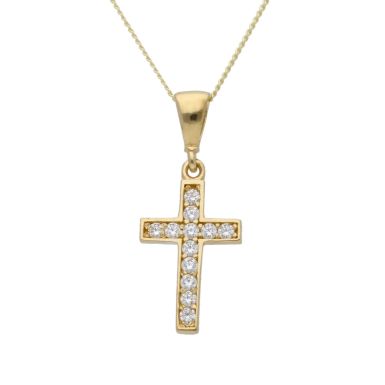 New 9ct Yellow Gold Gemstone Set Cross & 18" Chain Necklace