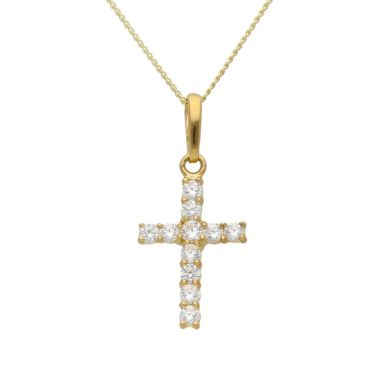 New 9ct Yellow Gold Cubic Zirconia Cross Pendant & 18" Necklace